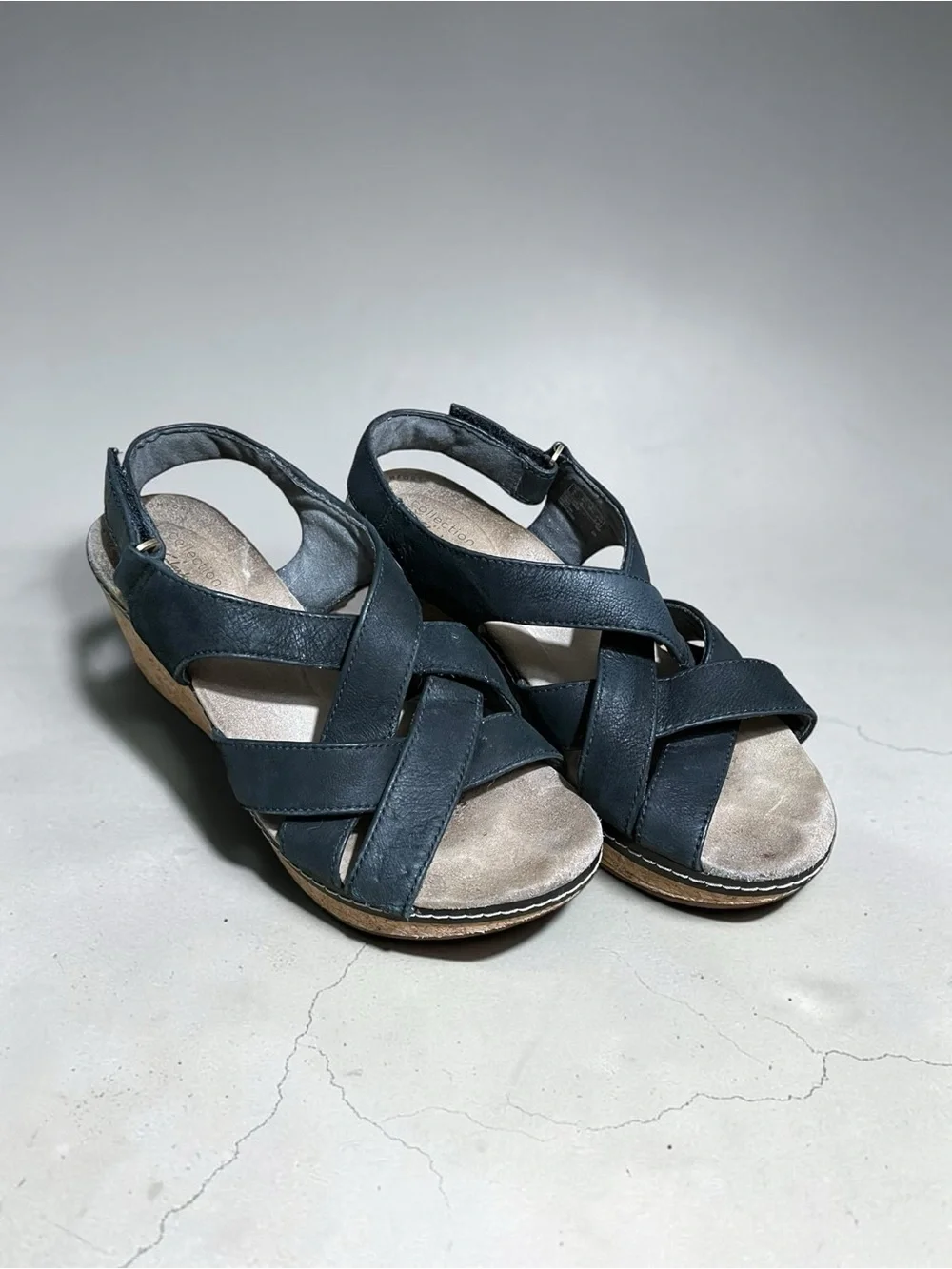Clarks Collection Black Leather Cork Wedge Slingback Sandals Women’s 8.5